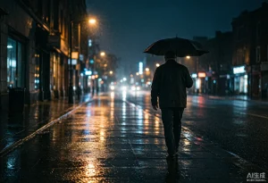 中年男人撑伞走在雨后街道的孤独背影